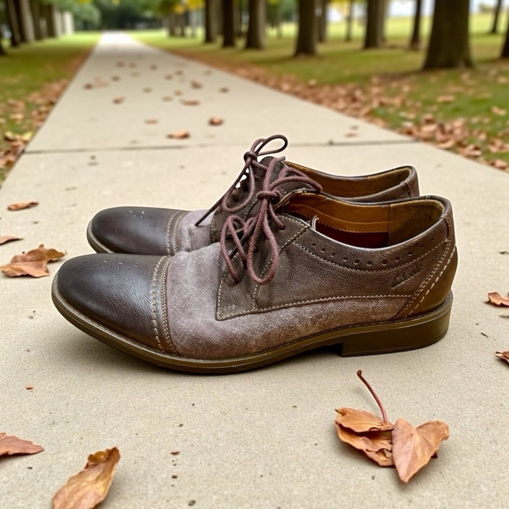 Clarks Collection Men's Size 9.5 Ortholite Brown Leather/Canvas Oxford Shoe